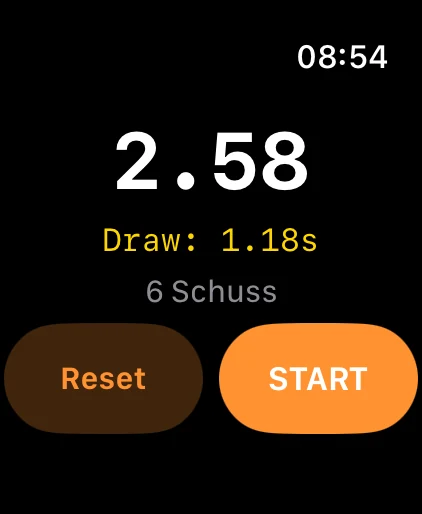 Downrange auf der Apple Watch: Endzeit 2,58 s, Ziehzeit 1,18 s, 6 Schuss