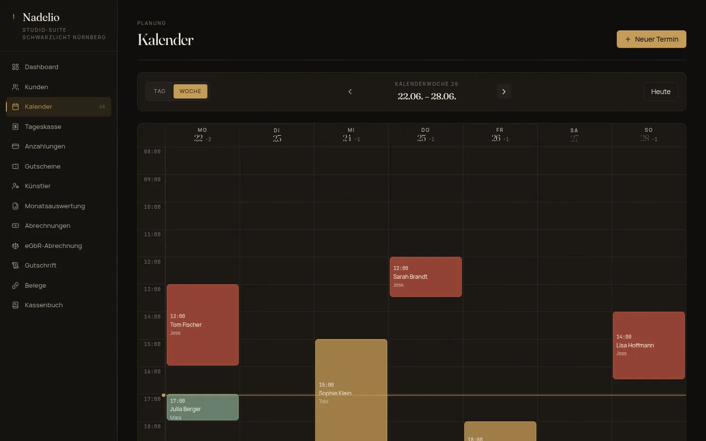 Nadelio im Web: Wochenkalender des Studios mit Terminen pro Künstler