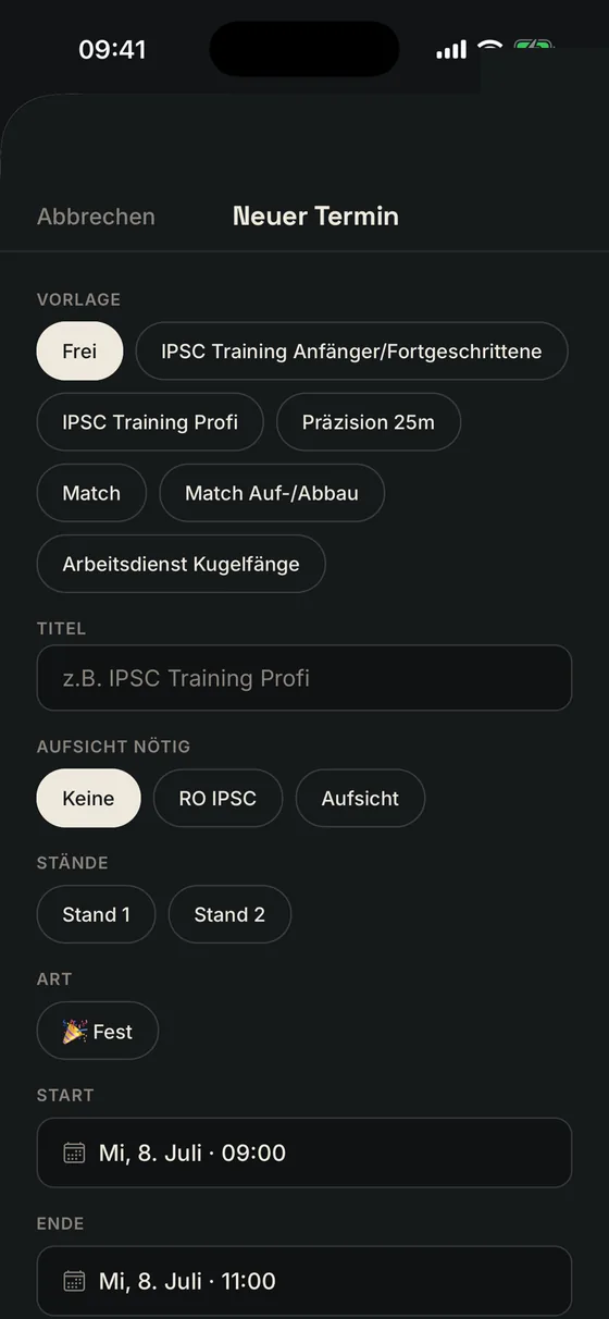Standheld: neuen Termin mit Vorlage, Aufsicht und Ständen anlegen