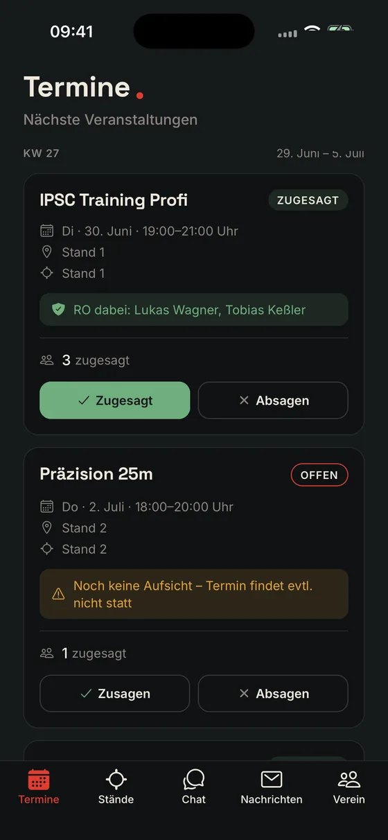 Standheld: Terminübersicht der Woche mit Zusagen und Aufsicht